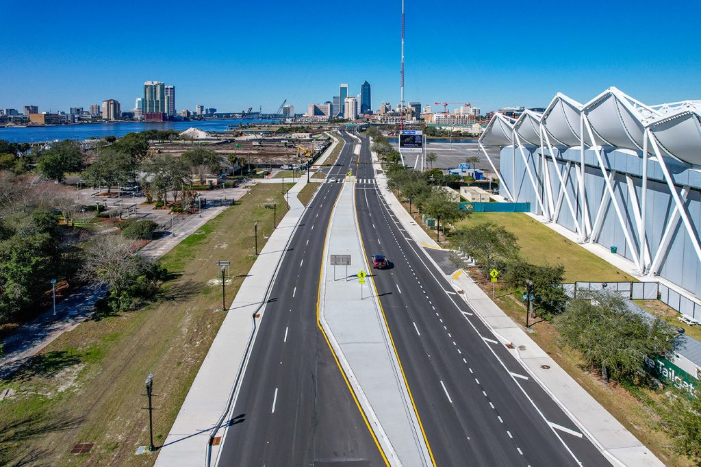newly paved road by Duval Asphalt's crews running parallel to TIAA Bank Field and the St. Johns River