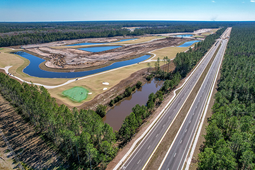 Drone shot of Veterans Pkwy in St Johns, Florida
